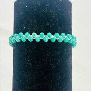 Handmade Woven Bracelet with Green Stones and Adjustable Blue Cord